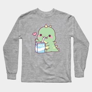 Cute Little Dino Loves Milk Long Sleeve T-Shirt